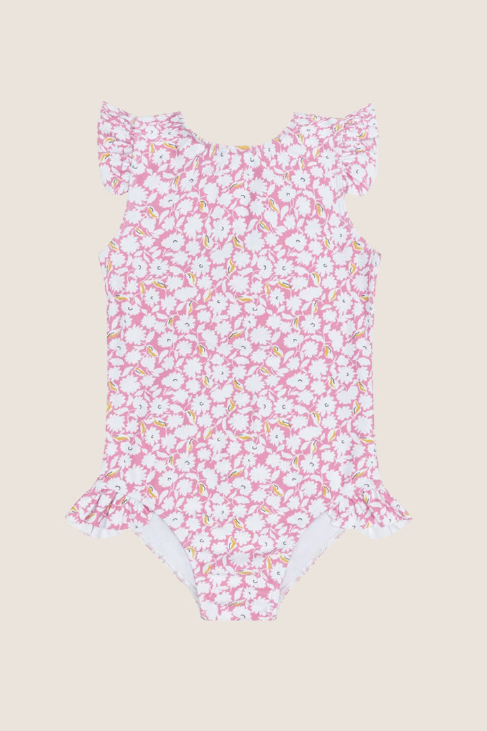 Girls Pink Bubble Floral Ruffle Cap Sleeve Rashgaurd One Piece