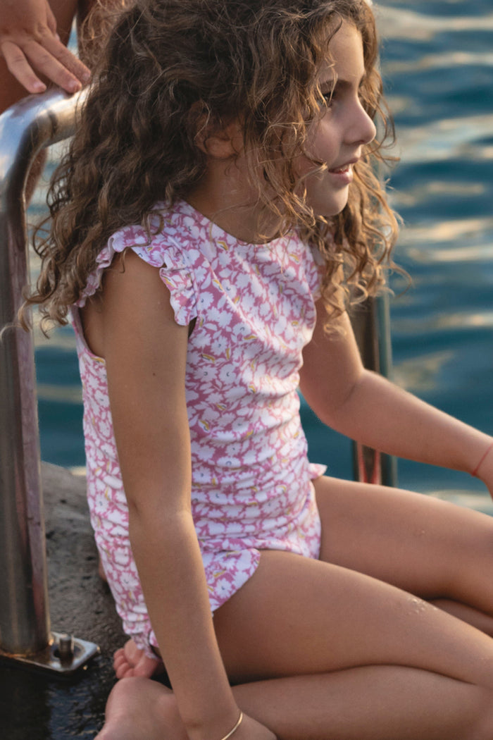 Girls Pink Bubble Floral Ruffle Cap Sleeve Rashgaurd One Piece