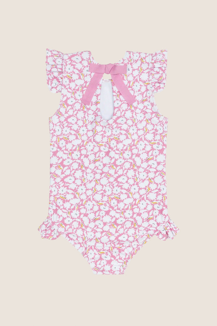 Girls Pink Bubble Floral Ruffle Cap Sleeve Rashgaurd One Piece