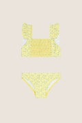 Girls Yellow Ditsy Smocked Ruffle Strap Bikini