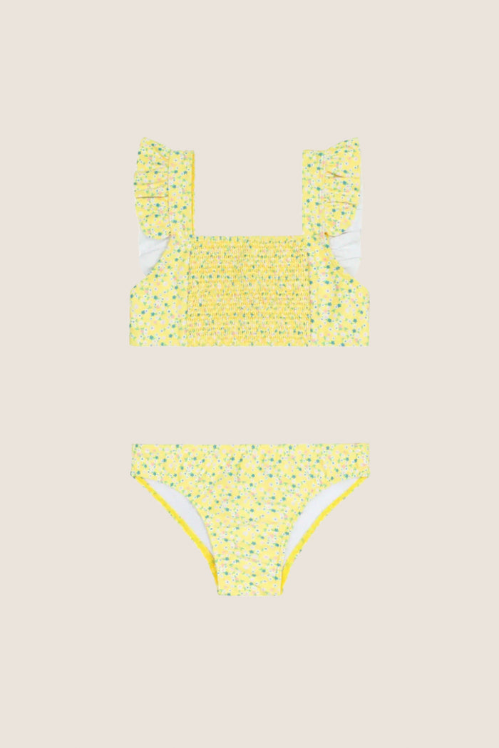 Girls Yellow Ditsy Smocked Ruffle Strap Bikini