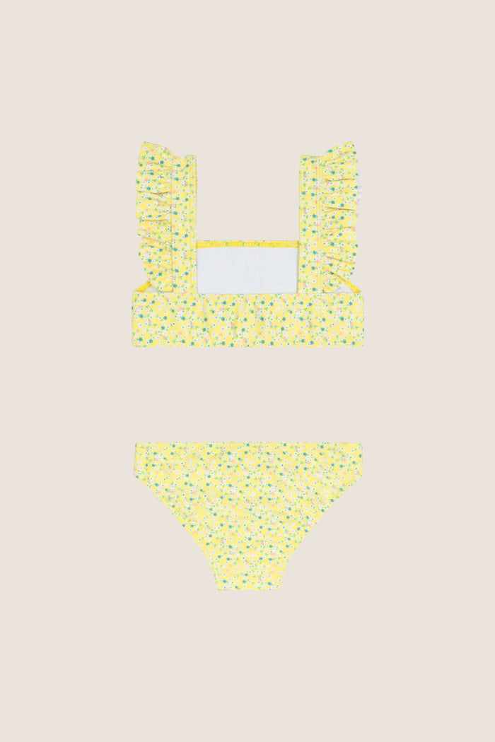 Girls Yellow Ditsy Smocked Ruffle Strap Bikini