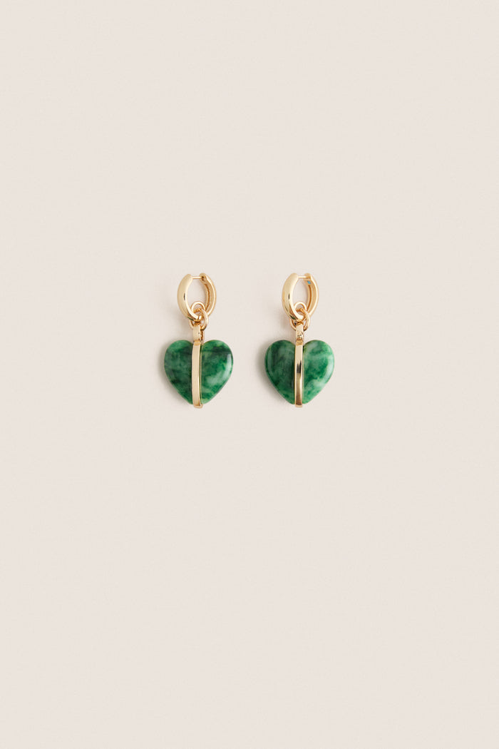 Gold and Moss Agate Semi Heart Charm Earrings