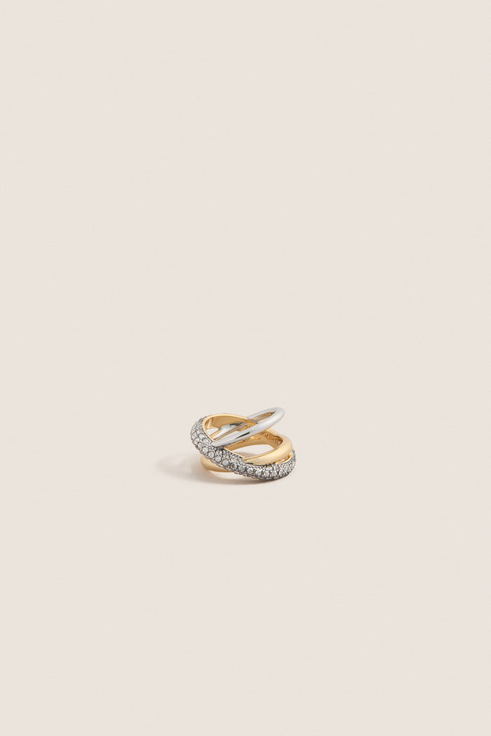 Gold Aya Pinky Ring: A classic, high-end design featuring interwoven yellow gold and white metal bands, with pavé-set stones, offering an effortless and fun elegance.