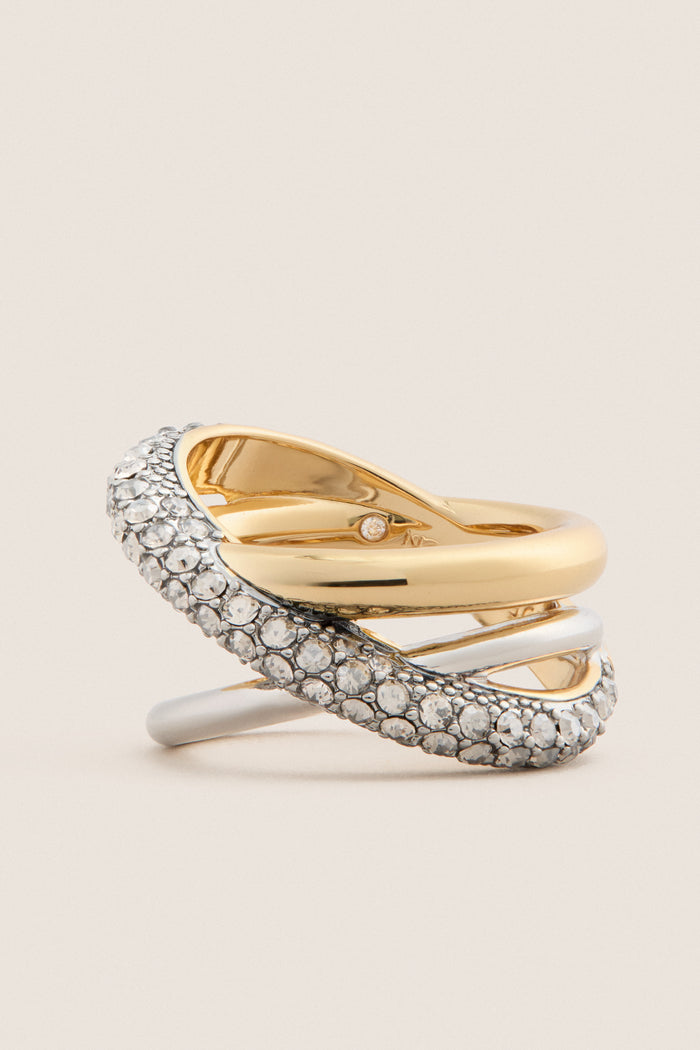 Gold Aya Pinky Ring features an effortless, high-end design with a classic intertwining of polished gold and stone-encrusted bands, exuding fun sophistication.