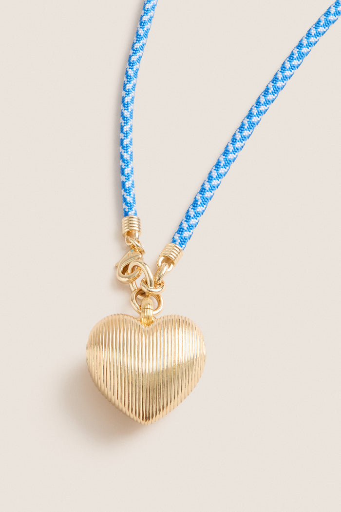 Gold, Blue and White Long Happy Cord Necklace with Heart