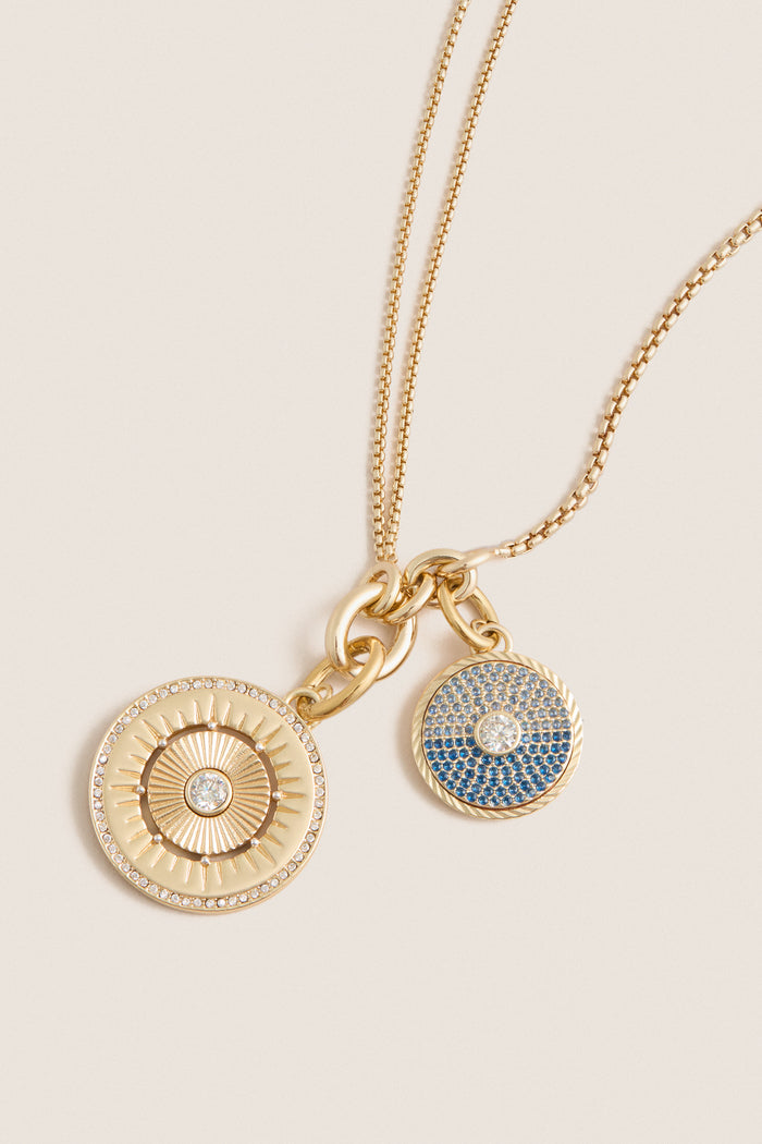 Gold, Clear and Sapphire Multi Strength and Peace Coin Necklace
