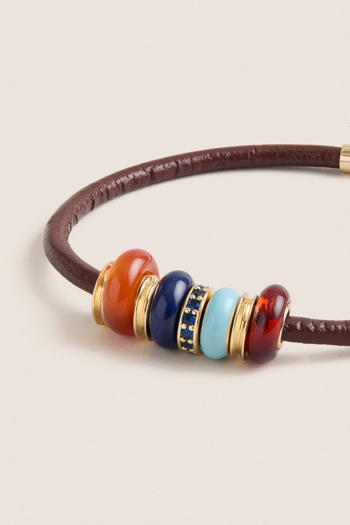 Gold, Cognac and Multi Semi Sliders on Leather Cord Bracelet