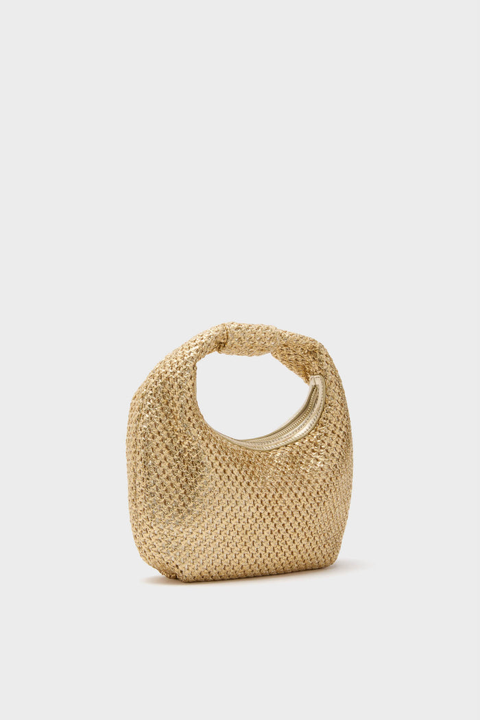 Gold Eden Woven Hobo: A classic, hand-woven tote with a sleek loop handle and zip closure, blending effortless style and high-end fun for any occasion.