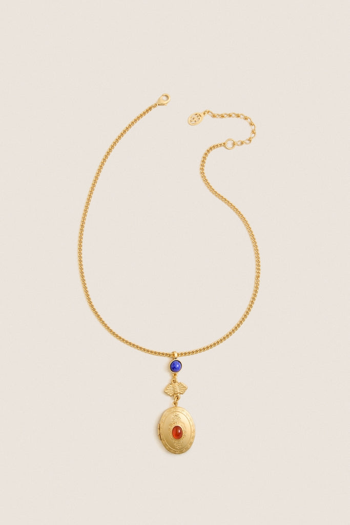 Gold Locket Necklace with Red and Blue Stones