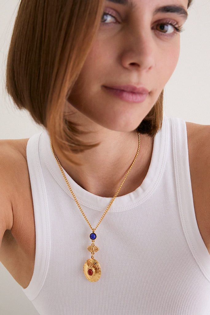 Gold Locket Necklace with Red and Blue Stones