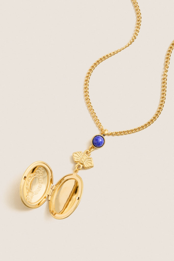 Gold Locket Necklace with Red and Blue Stones
