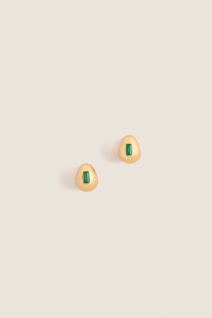Gold Molten Gemstone Baguette Dome Small Hoop Earrings featuring classic green onyx set in high-end gold, offering an effortless, fun, and polished look.