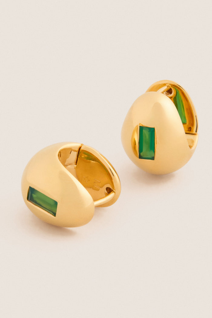 Gold Molten Gemstone Baguette Dome Small Hoop Earrings with classic green onyx stones, offering an effortless and fun high-end look. Features a clip-on mechanism for easy wear.