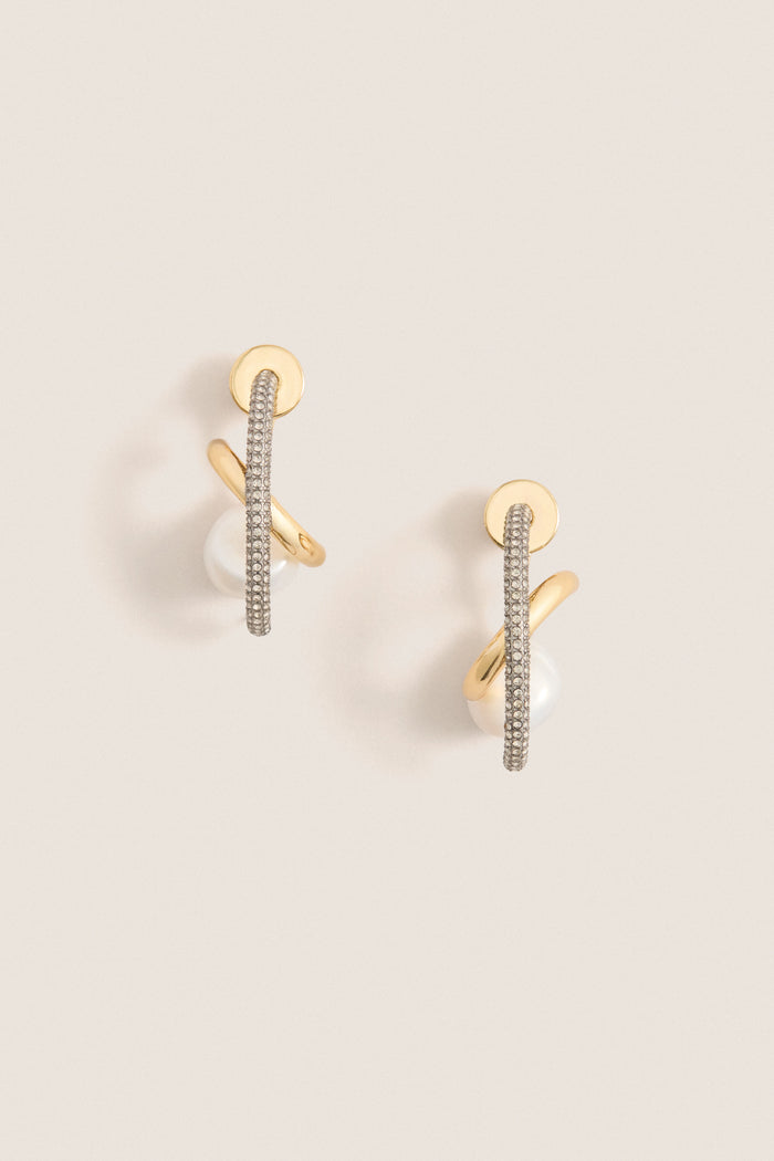 Gold Waverly Earrings: Classic, effortless drop earrings with a fun mix of polished gold and pavé crystal loops, accented by a high-end pearl detail.