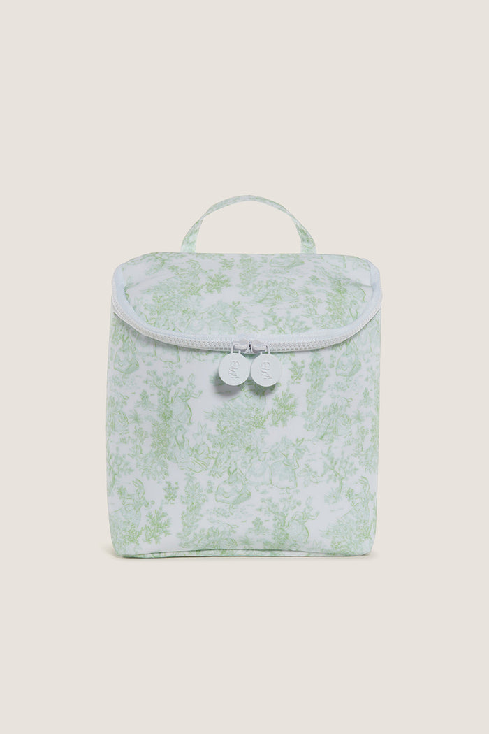 Green Bunny Toile Take Away Insulated Lunch Bag: A classic, high-end zip-up pouch with an effortless pale green toile pattern, featuring dual zippers and a convenient top handle.