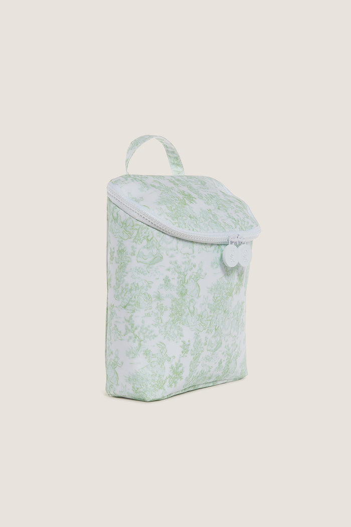 Green Bunny Toile Take Away Insulated Lunch Bag, featuring classic pale green toile print, top zipper, and handle loop, offers effortless style for fun, high-end portability.