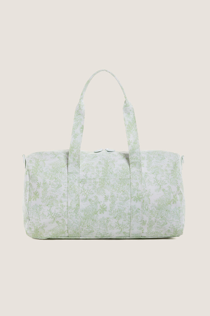 Green Bunny Toile Weekender Duffel Bag with classic toile print, twin handles, and a detachable strap; designed for effortless, fun travel with high-end practicality.