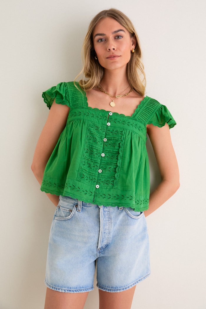 Green Eliza Solid Flutter Sleeve Top