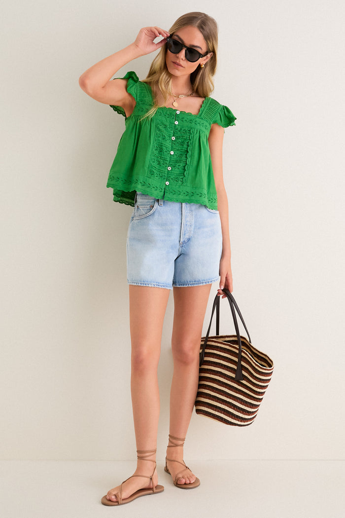 Green Eliza Solid Flutter Sleeve Top