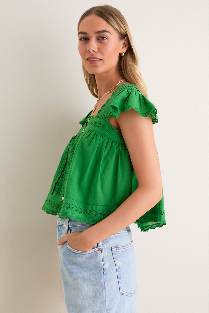 Green Eliza Solid Flutter Sleeve Top