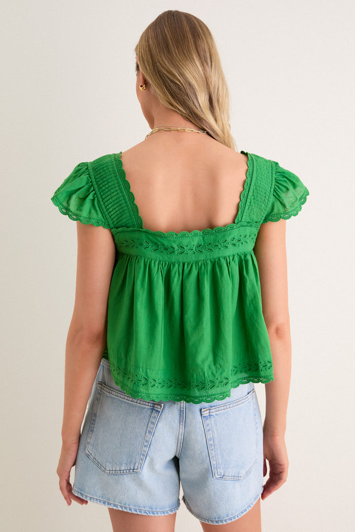 Green Eliza Solid Flutter Sleeve Top
