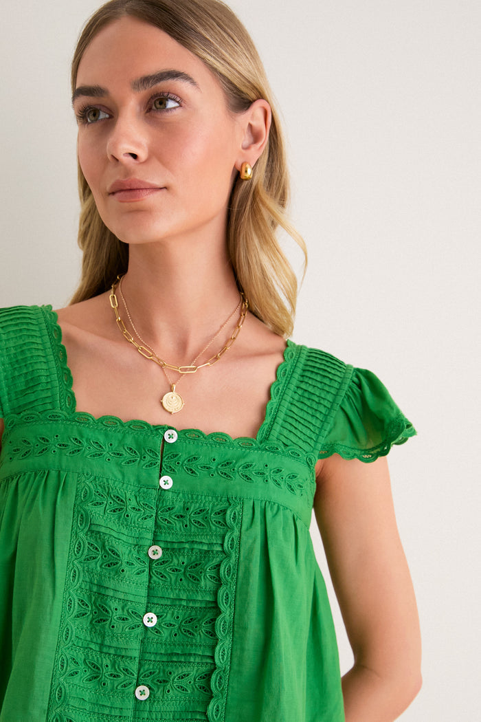 Green Eliza Solid Flutter Sleeve Top