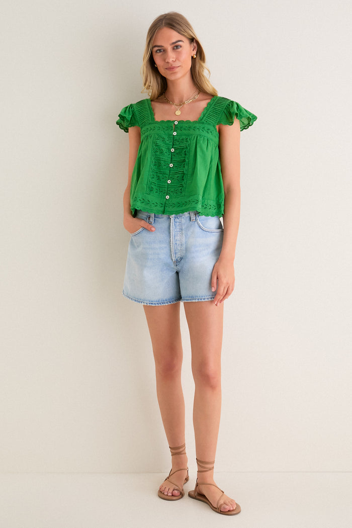 Green Eliza Solid Flutter Sleeve Top