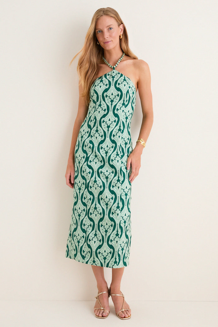 Green Geo Floral Naomi Beaded Halter Dress