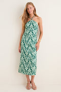 Green Geo Floral Naomi Beaded Halter Dress