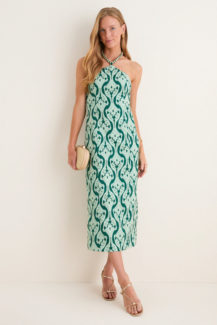 Green Geo Floral Naomi Beaded Halter Dress