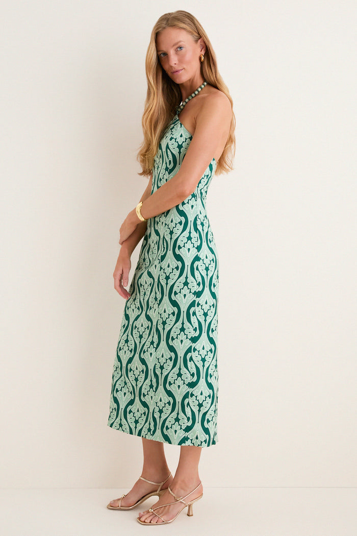 Green Geo Floral Naomi Beaded Halter Dress