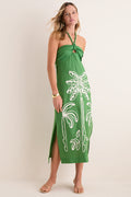 Green Palm Tree Embroidery Midi Dress