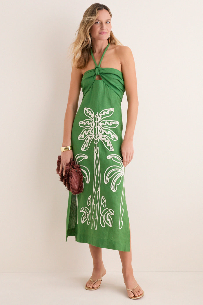 Green Palm Tree Embroidery Midi Dress