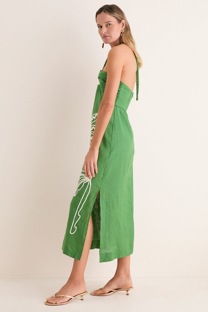 Green Palm Tree Embroidery Midi Dress