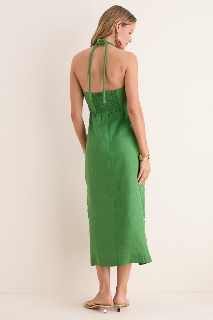 Green Palm Tree Embroidery Midi Dress