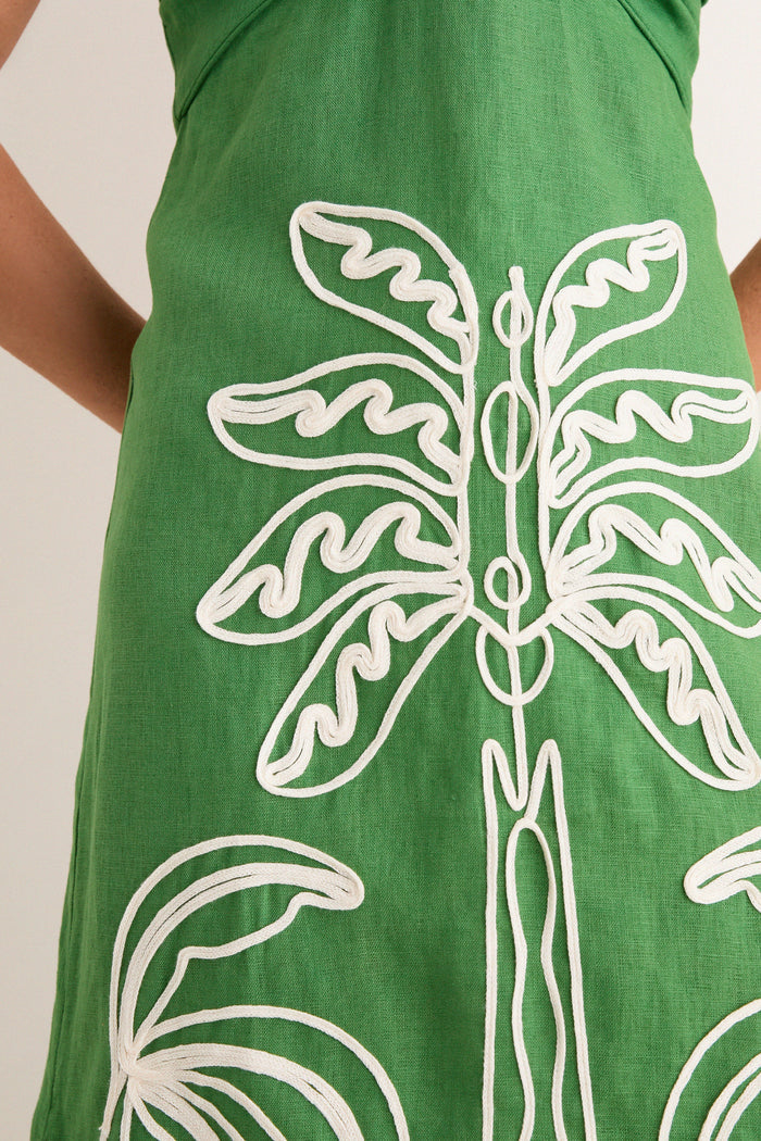 Green Palm Tree Embroidery Midi Dress