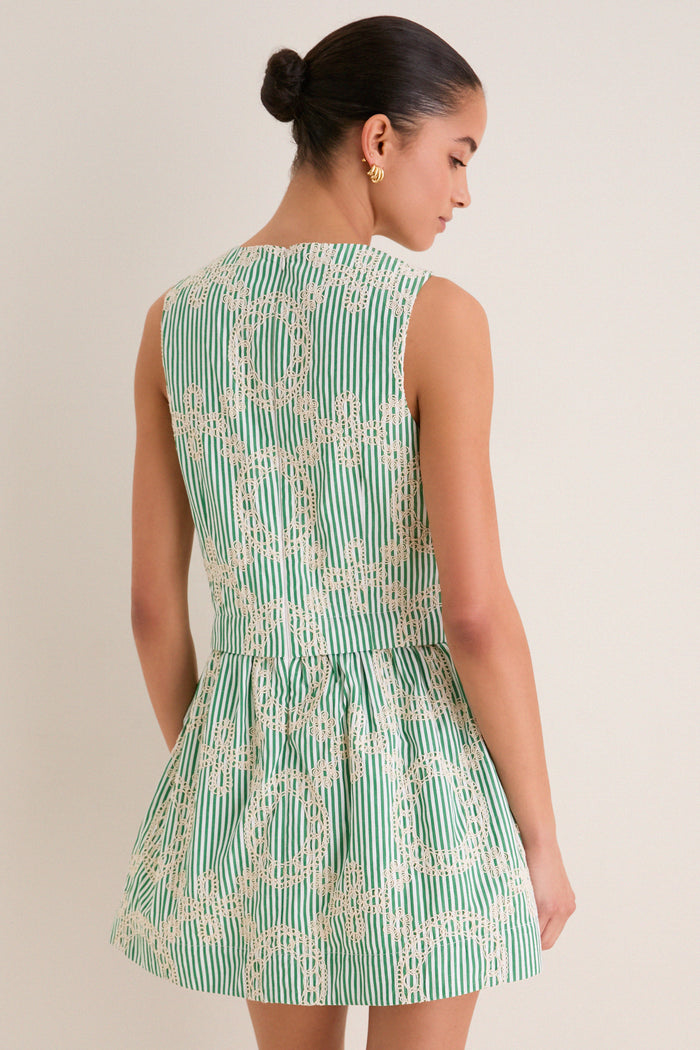 Green Stripe Vintage Embroidery Paige Mini Dress
