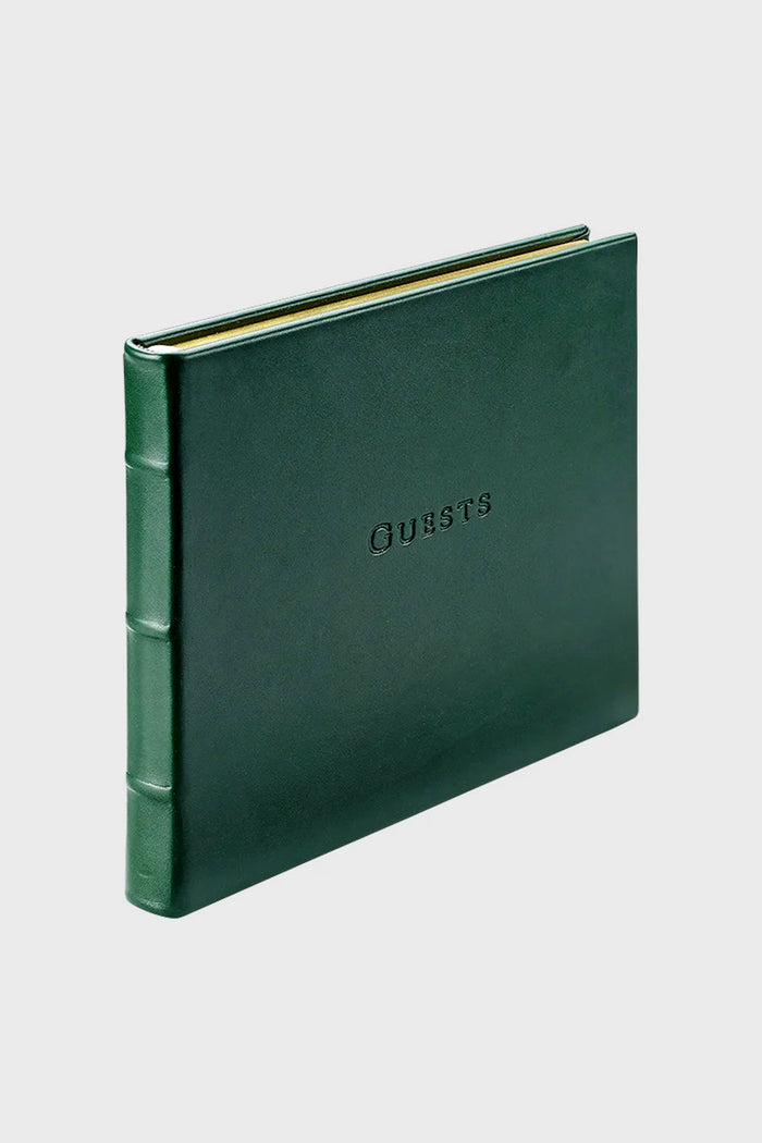 Green Traditional Leather Guest Book with embossed Guests cover and gold-edged pages, offering a classic, effortless charm for high-end events and gatherings.