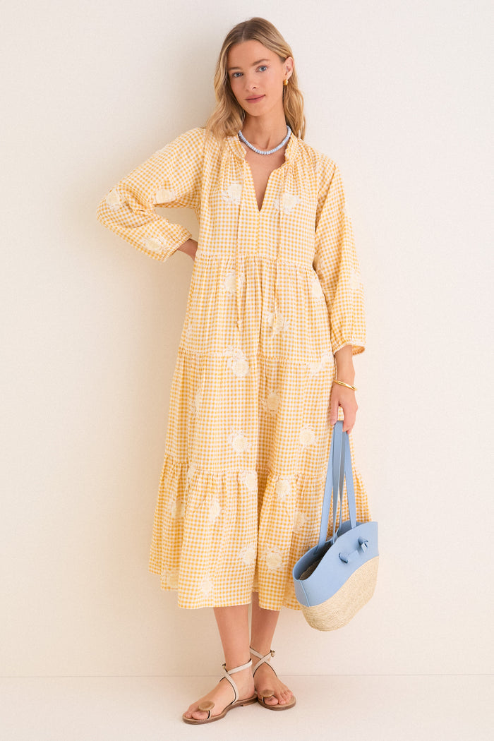 Honey Gingham Embroidered Long Sleeve Salty Paloma Caftan