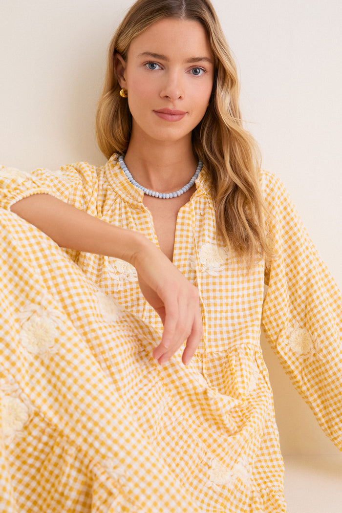 Honey Gingham Embroidered Long Sleeve Salty Paloma Caftan
