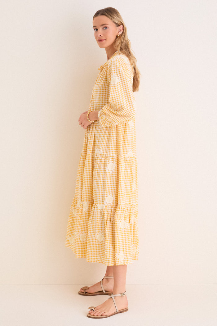 Honey Gingham Embroidered Long Sleeve Salty Paloma Caftan