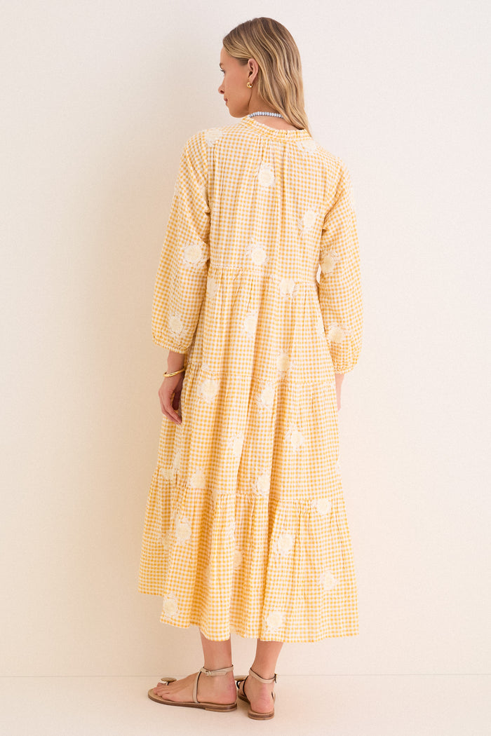 Honey Gingham Embroidered Long Sleeve Salty Paloma Caftan