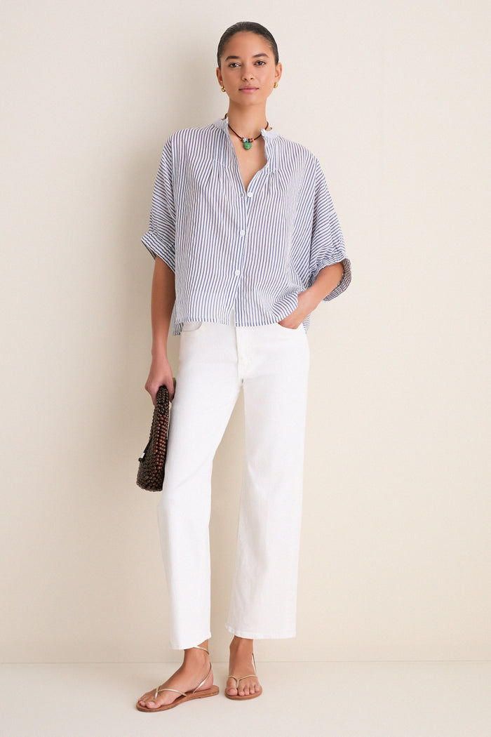 Indigo Stripe Organic Mandarin Collar Top