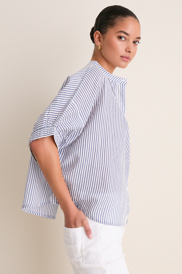 Indigo Stripe Organic Mandarin Collar Top