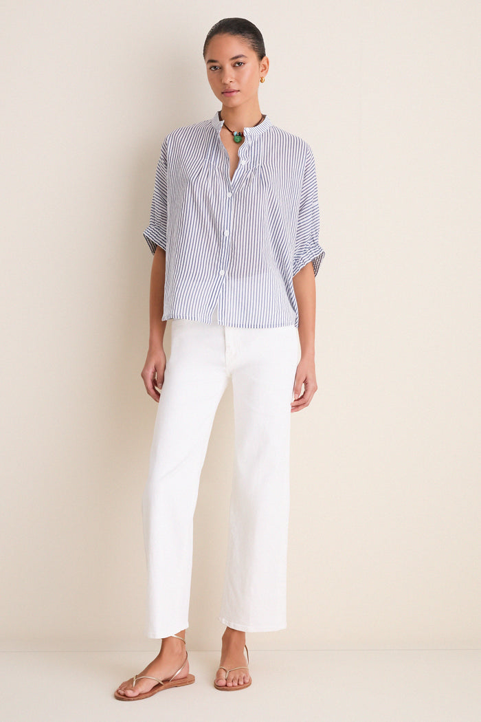 Indigo Stripe Organic Mandarin Collar Top