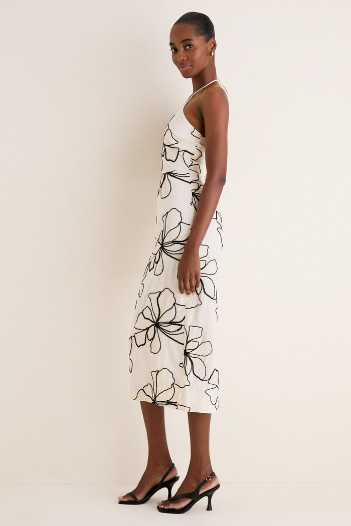Ivory and Black Floral Embroidered Josie Halter Midi Dress
