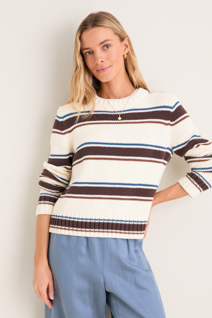 Ivory and Brown Stripe Cotton William Crewneck