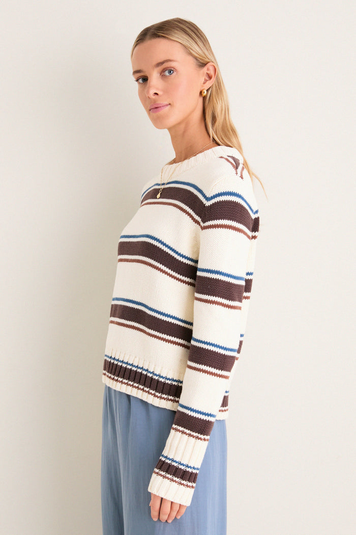Ivory and Brown Stripe Cotton William Crewneck