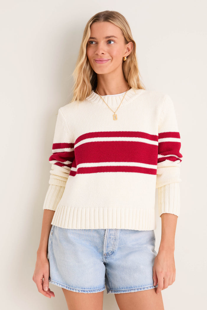 Ivory and Red Stripe Cotton William Crewneck